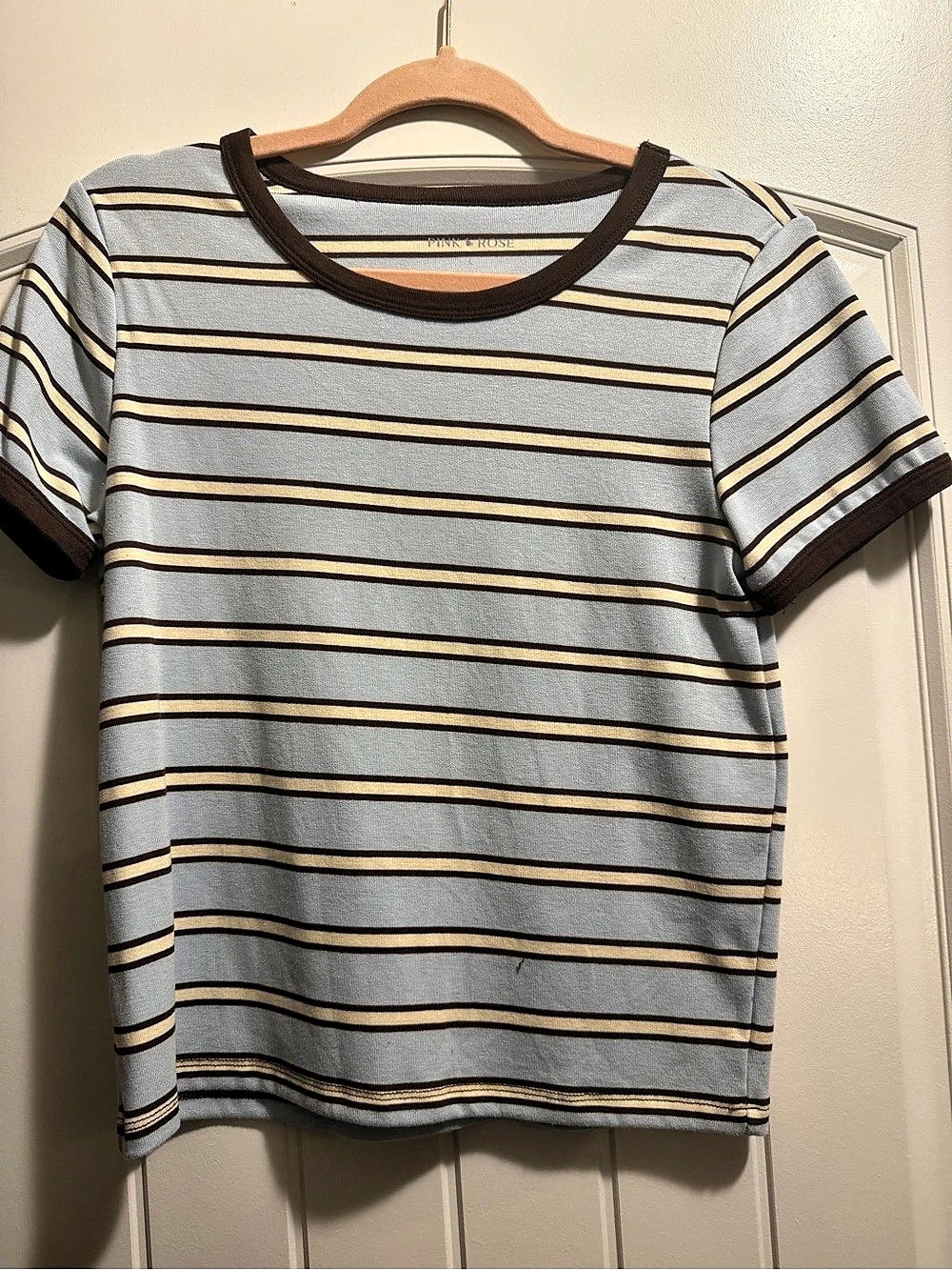 PINK ROSE Striped Short Sleeve Tee in Blue & Brown Like New
